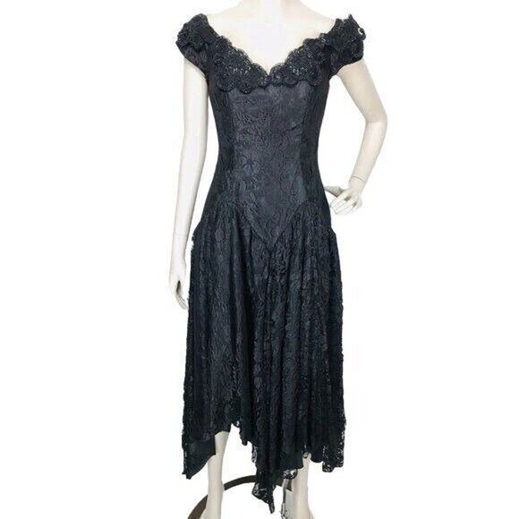 VTG Fairycore Romantic Goth Witchy Whimseygoth Black Lace Halloween Party Dress - Picture 1 of 11